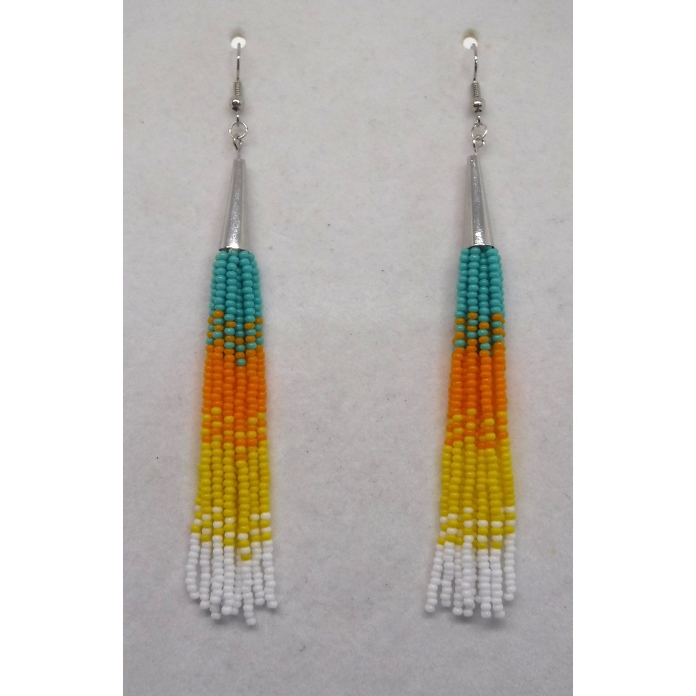 Earrings Beaded Silver w/ Teal, Orange, Yellow & White